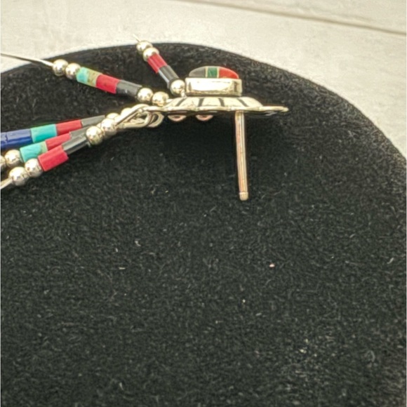 Vintage Sterling Zuni Earrings Coral Lapis and Turquoise signed Q.T. - Picture 6 of 7